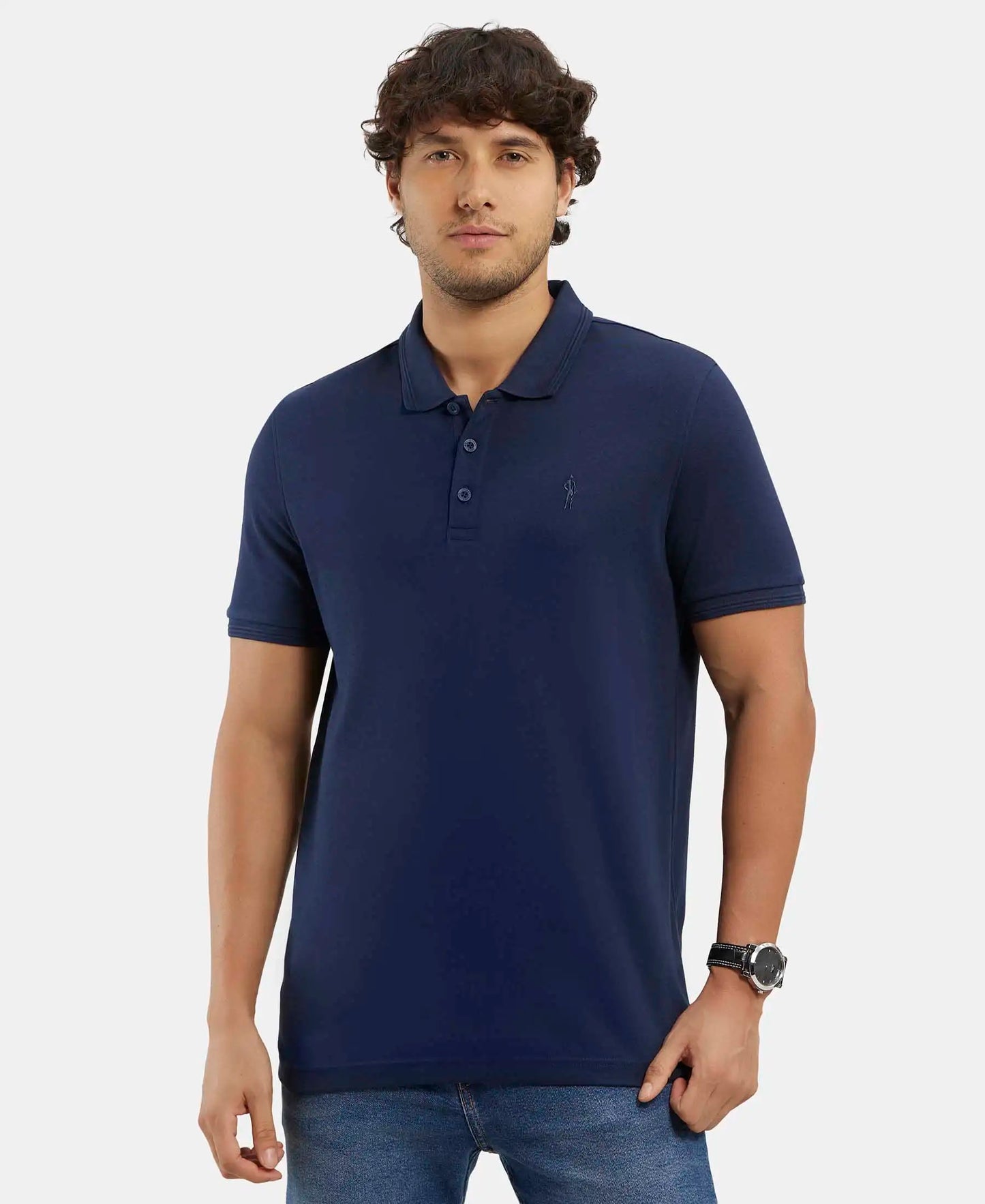 Super Combed Cotton Rich Solid Half Sleeve Polo T-Shirt - Navy-1