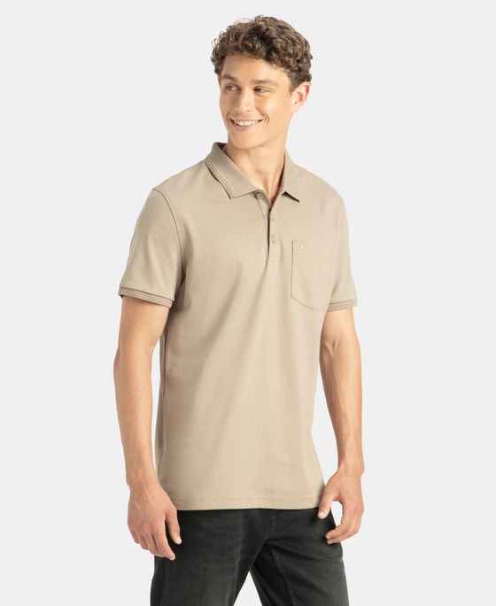 Super Combed Cotton Rich Solid Half Sleeve Polo T-Shirt with Chest Pocket - Desert Taupe