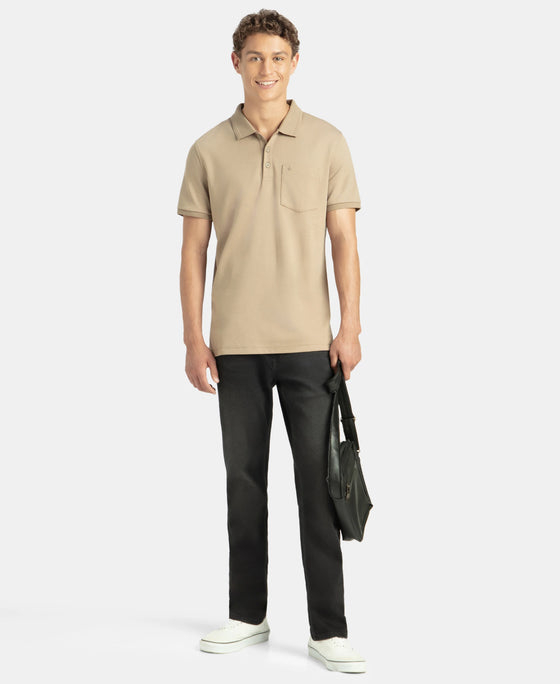 Super Combed Cotton Rich Solid Half Sleeve Polo T-Shirt with Chest Pocket - Desert Taupe