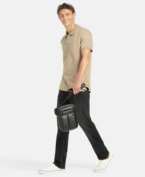 Super Combed Cotton Rich Solid Half Sleeve Polo T-Shirt with Chest Pocket - Desert Taupe