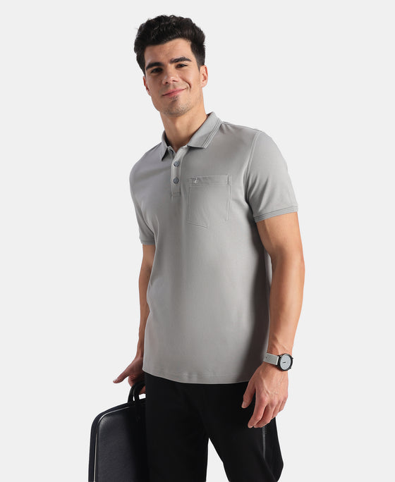 Super Combed Cotton Rich Solid Half Sleeve Polo T-Shirt with Chest Pocket - Monument