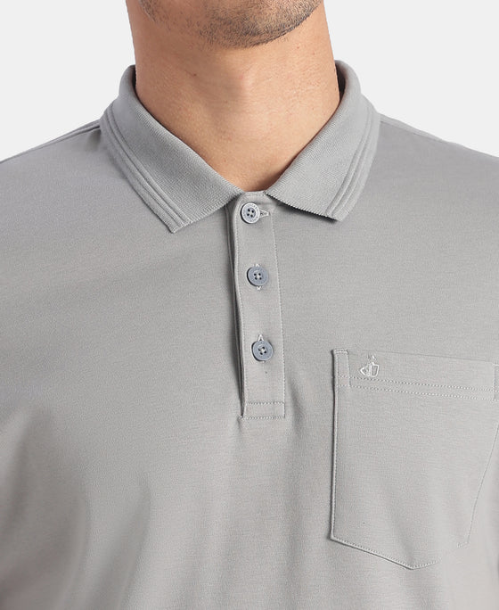 Super Combed Cotton Rich Solid Half Sleeve Polo T-Shirt with Chest Pocket - Monument