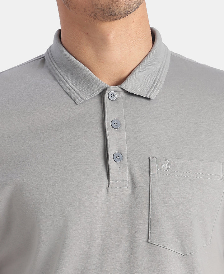 Super Combed Cotton Rich Solid Half Sleeve Polo T-Shirt with Chest Pocket - Monument