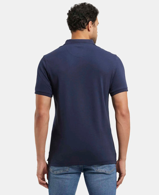 Super Combed Cotton Rich Solid Half Sleeve Polo T-Shirt with Chest Pocket - Navy-3