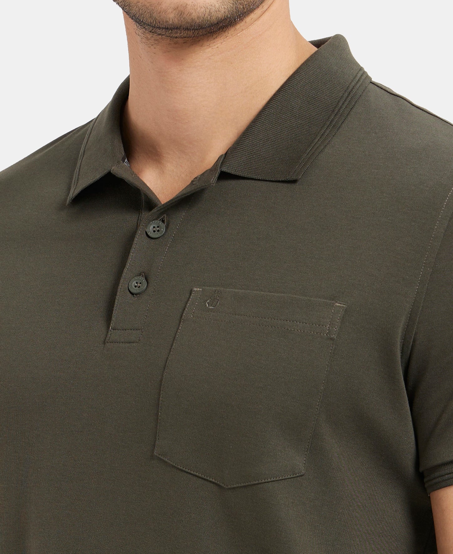 Super Combed Cotton Rich Solid Half Sleeve Polo T-Shirt with Chest Pocket - Olive