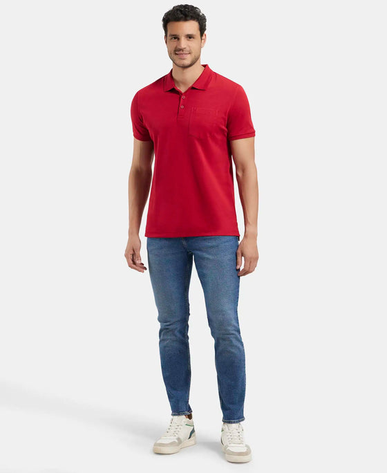 Super Combed Cotton Rich Solid Half Sleeve Polo T-Shirt with Chest Pocket - Shanghai Red-4