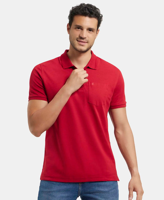 Super Combed Cotton Rich Solid Half Sleeve Polo T-Shirt with Chest Pocket - Shanghai Red-5