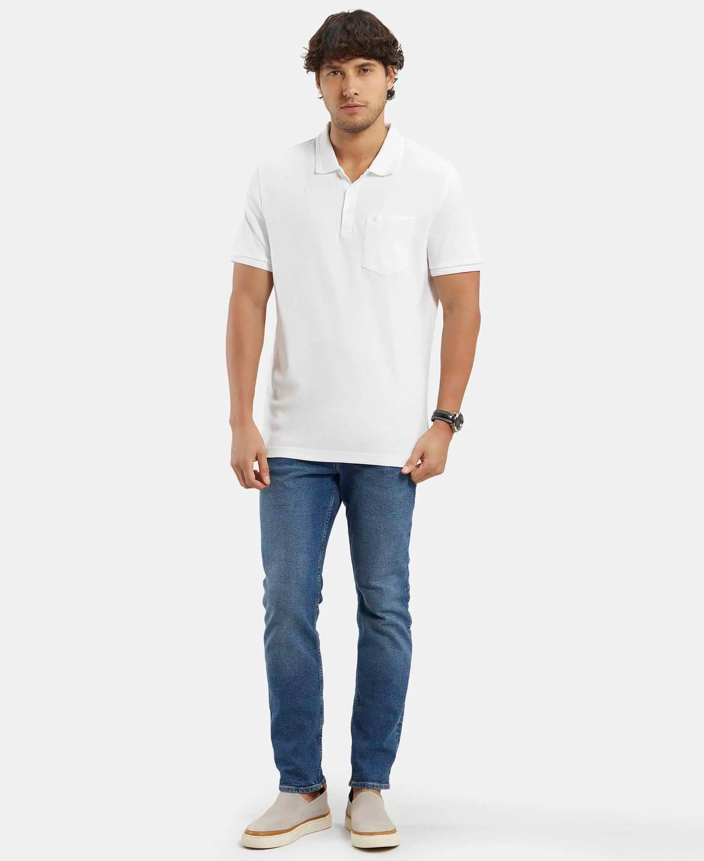 Super Combed Cotton Rich Solid Half Sleeve Polo T-Shirt with Chest Pocket - White-4