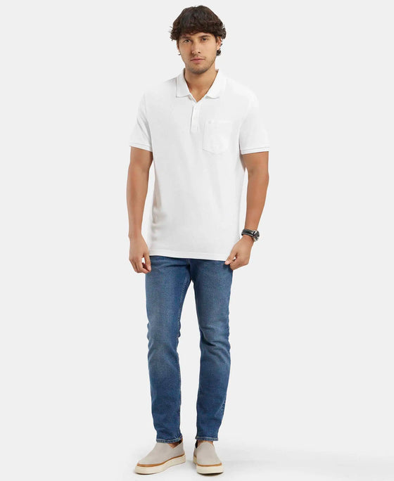 Super Combed Cotton Rich Solid Half Sleeve Polo T-Shirt with Chest Pocket - White-4
