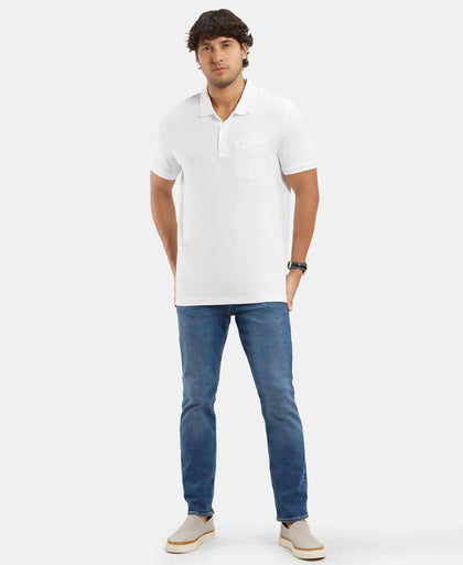 Super Combed Cotton Rich Solid Half Sleeve Polo T-Shirt with Chest Pocket - White-6