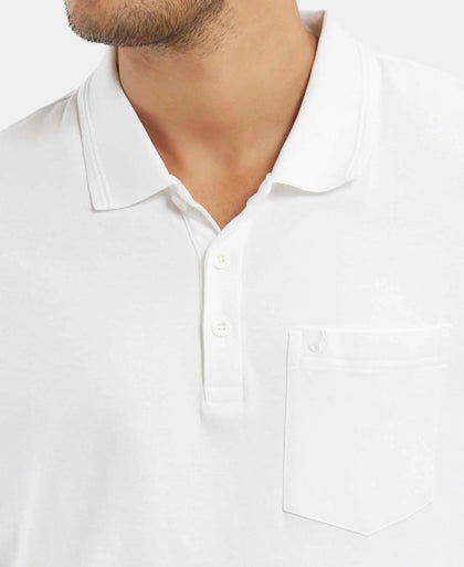 Super Combed Cotton Rich Solid Half Sleeve Polo T-Shirt with Chest Pocket - White-7