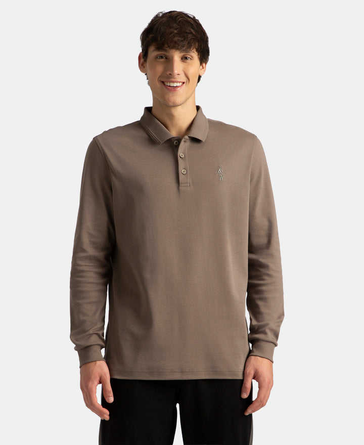 Super Combed Cotton Rich Solid Full Sleeve Polo T-Shirt with Ribbed Cuffs - Dark Khaki