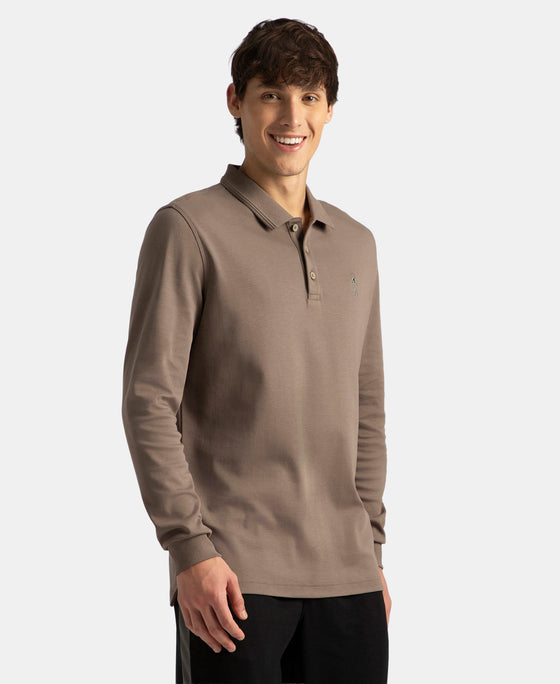 Super Combed Cotton Rich Solid Full Sleeve Polo T-Shirt with Ribbed Cuffs - Dark Khaki