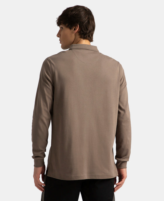 Super Combed Cotton Rich Solid Full Sleeve Polo T-Shirt with Ribbed Cuffs - Dark Khaki