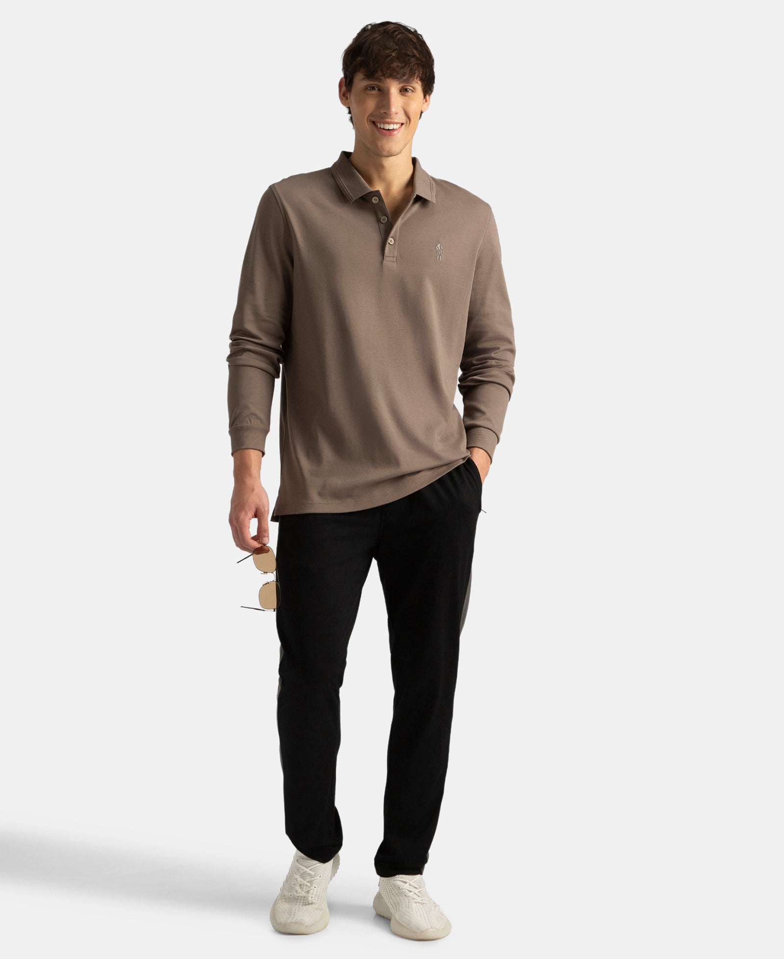 Super Combed Cotton Rich Solid Full Sleeve Polo T-Shirt with Ribbed Cuffs - Dark Khaki