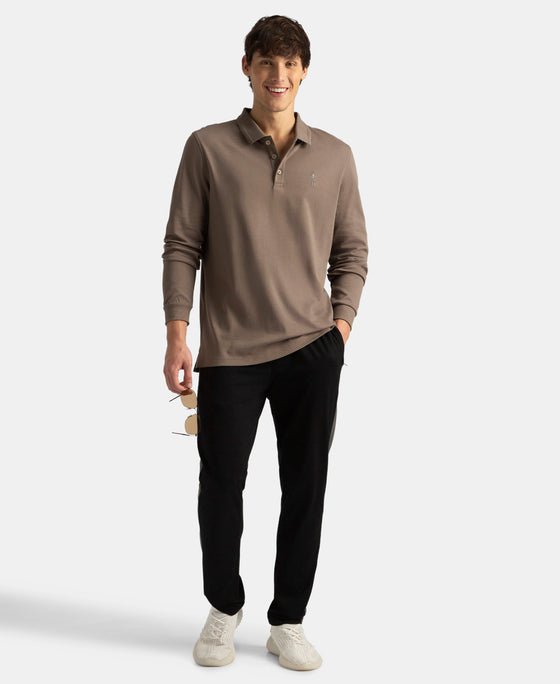 Super Combed Cotton Rich Solid Full Sleeve Polo T-Shirt with Ribbed Cuffs - Dark Khaki