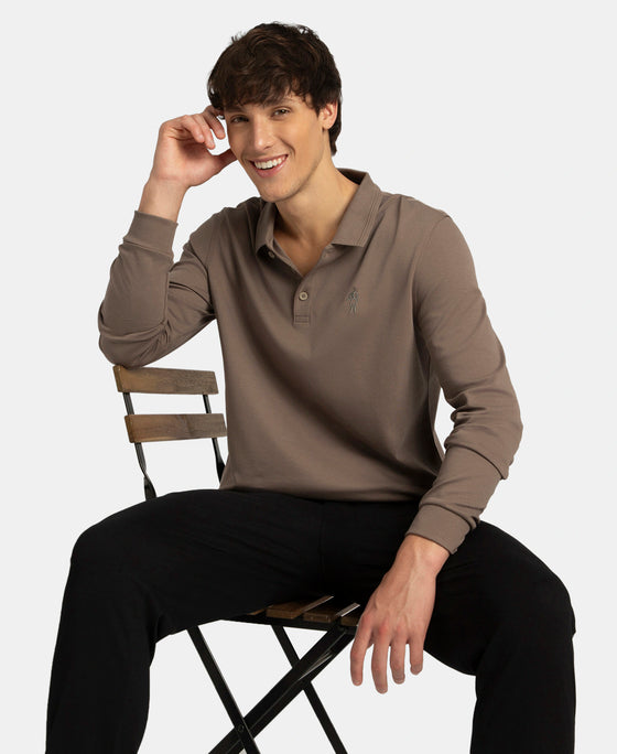Super Combed Cotton Rich Solid Full Sleeve Polo T-Shirt with Ribbed Cuffs - Dark Khaki