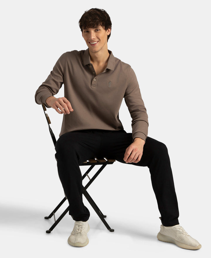 Super Combed Cotton Rich Solid Full Sleeve Polo T-Shirt with Ribbed Cuffs - Dark Khaki