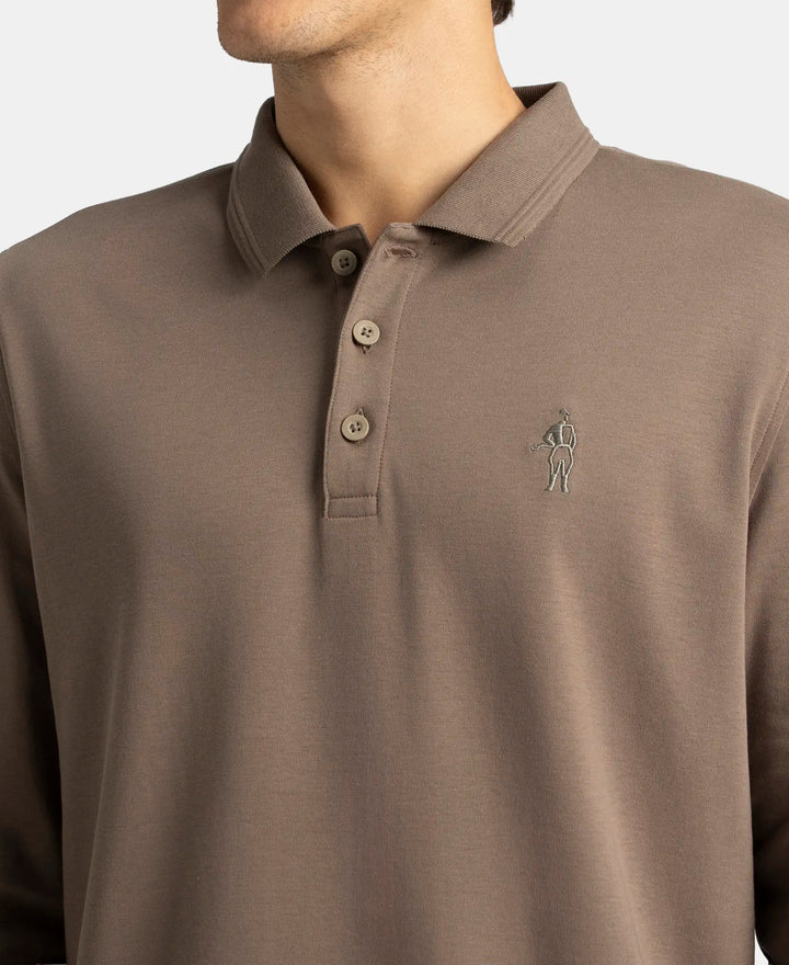 Super Combed Cotton Rich Solid Full Sleeve Polo T-Shirt with Ribbed Cuffs - Dark Khaki