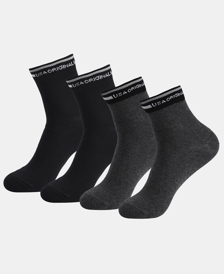 Compact Cotton Elastane Stretch Ankle Length Socks with StayFresh Treatment - Charcoal Melange & Black (Pack of 2)