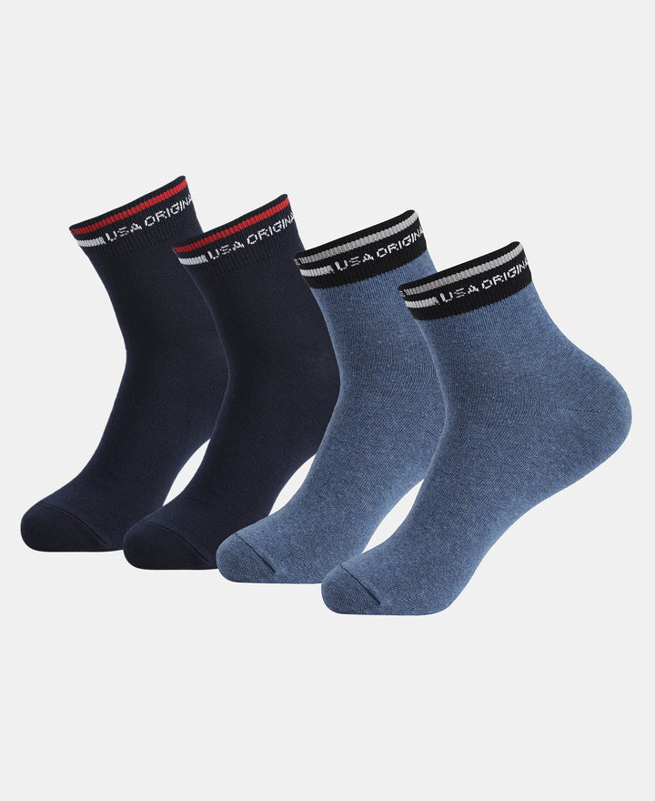 Compact Cotton Elastane Stretch Ankle Length Socks with StayFresh Treatment - Denim Melange & Navy (Pack of 2)