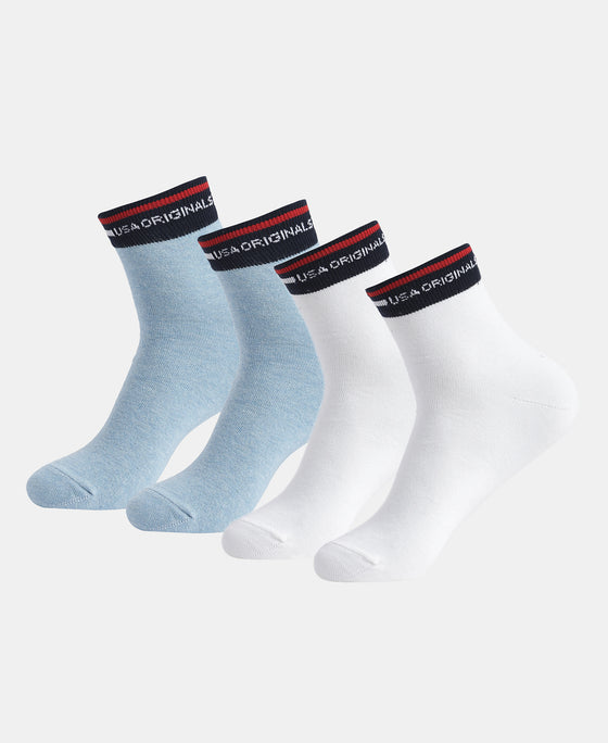 Compact Cotton Elastane Stretch Ankle Length Socks with StayFresh Treatment - White & Denim Melange (Pack of 2)