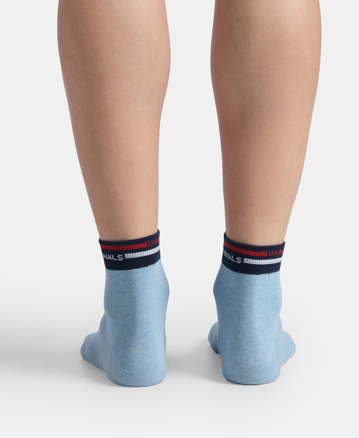 Compact Cotton Elastane Stretch Ankle Length Socks with StayFresh Treatment - White & Denim Melange (Pack of 2)
