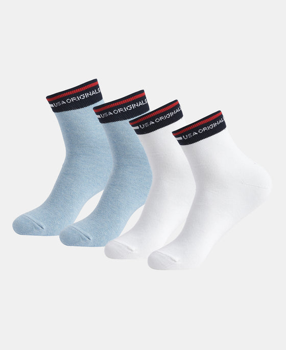 Compact Cotton Elastane Stretch Ankle Length Socks with StayFresh Treatment - White & Denim Melange (Pack of 2)