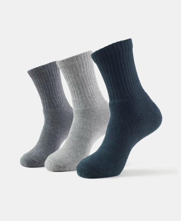 Compact Cotton Terry Crew Length Socks With StayFresh Treatment - Black/Midgrey Melange/Charcoal Melange (Pack of 3)