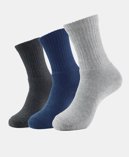Compact Cotton Terry Crew Length Socks With StayFresh Treatment - Black, Midgrey Melange & Navy (Pack of 3)