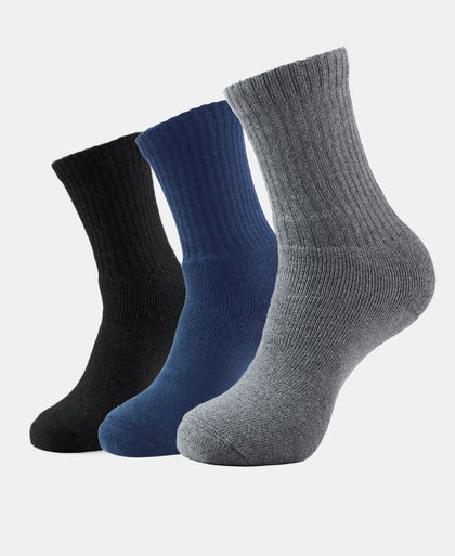 Compact Cotton Terry Crew Length Socks With StayFresh Treatment - Black, Navy & Charcoal Melange (Pack of 3)