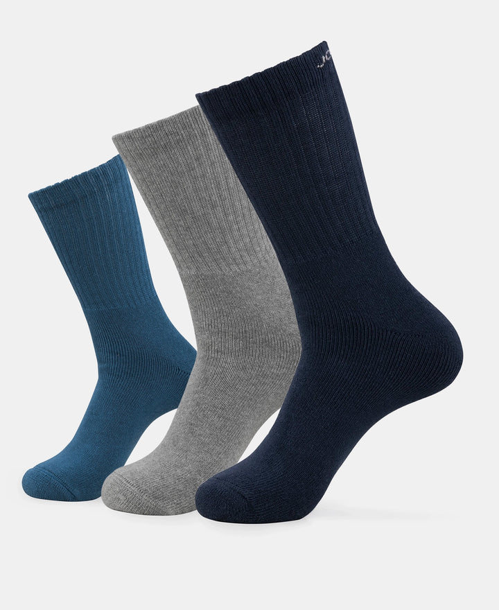 Compact Cotton Terry Crew Length Socks With StayFresh Treatment - Navy, Grey Melange & Stellar (Pack of 3)
