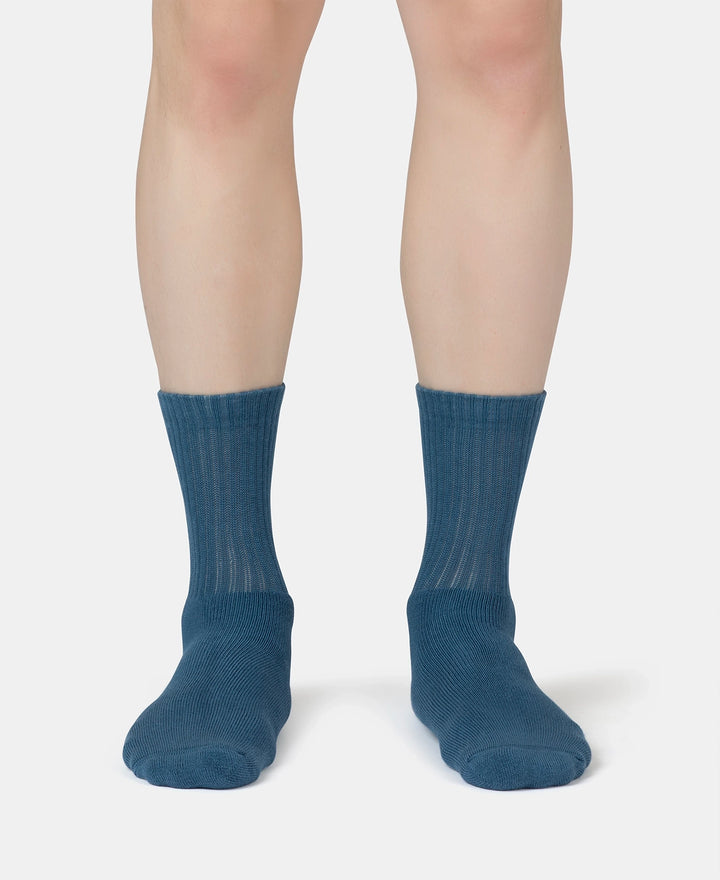 Compact Cotton Terry Crew Length Socks With StayFresh Treatment - Navy, Grey Melange & Stellar (Pack of 3)