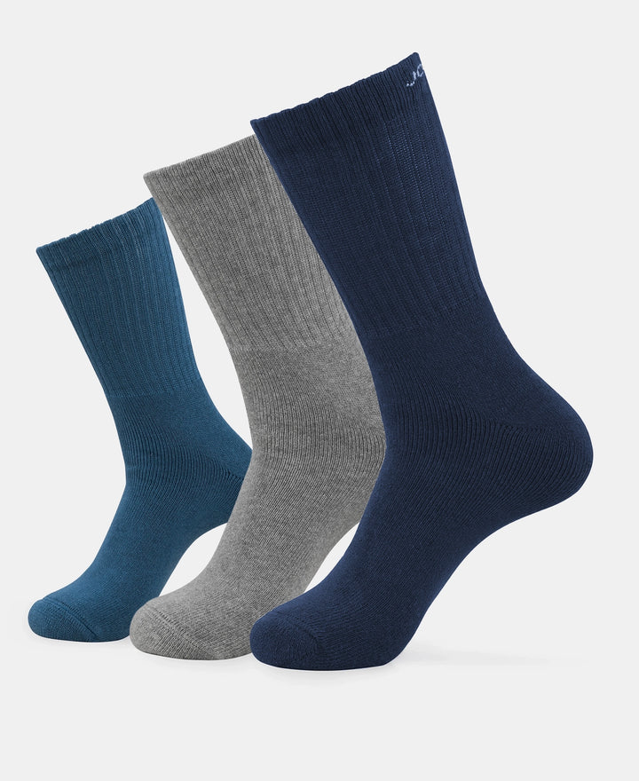 Compact Cotton Terry Crew Length Socks With StayFresh Treatment - Navy, Grey Melange & Stellar (Pack of 3)