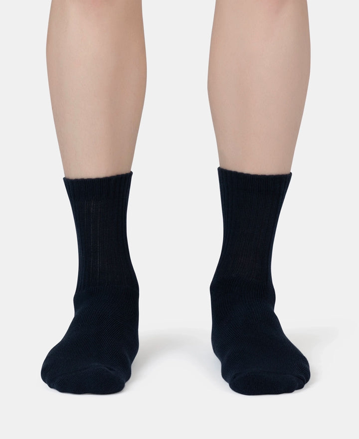 Compact Cotton Terry Crew Length Socks With StayFresh Treatment - Navy, Grey Melange & Stellar (Pack of 3)