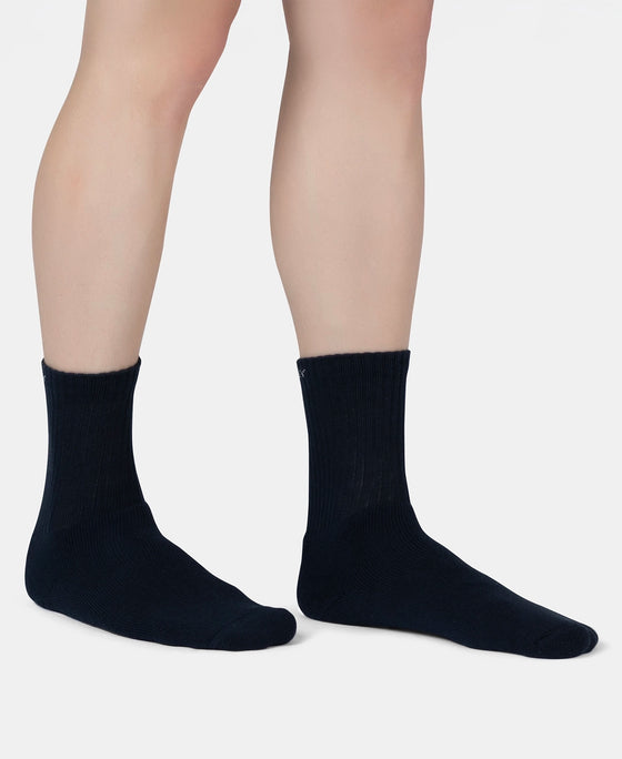 Compact Cotton Terry Crew Length Socks With StayFresh Treatment - Navy, Grey Melange & Stellar (Pack of 3)