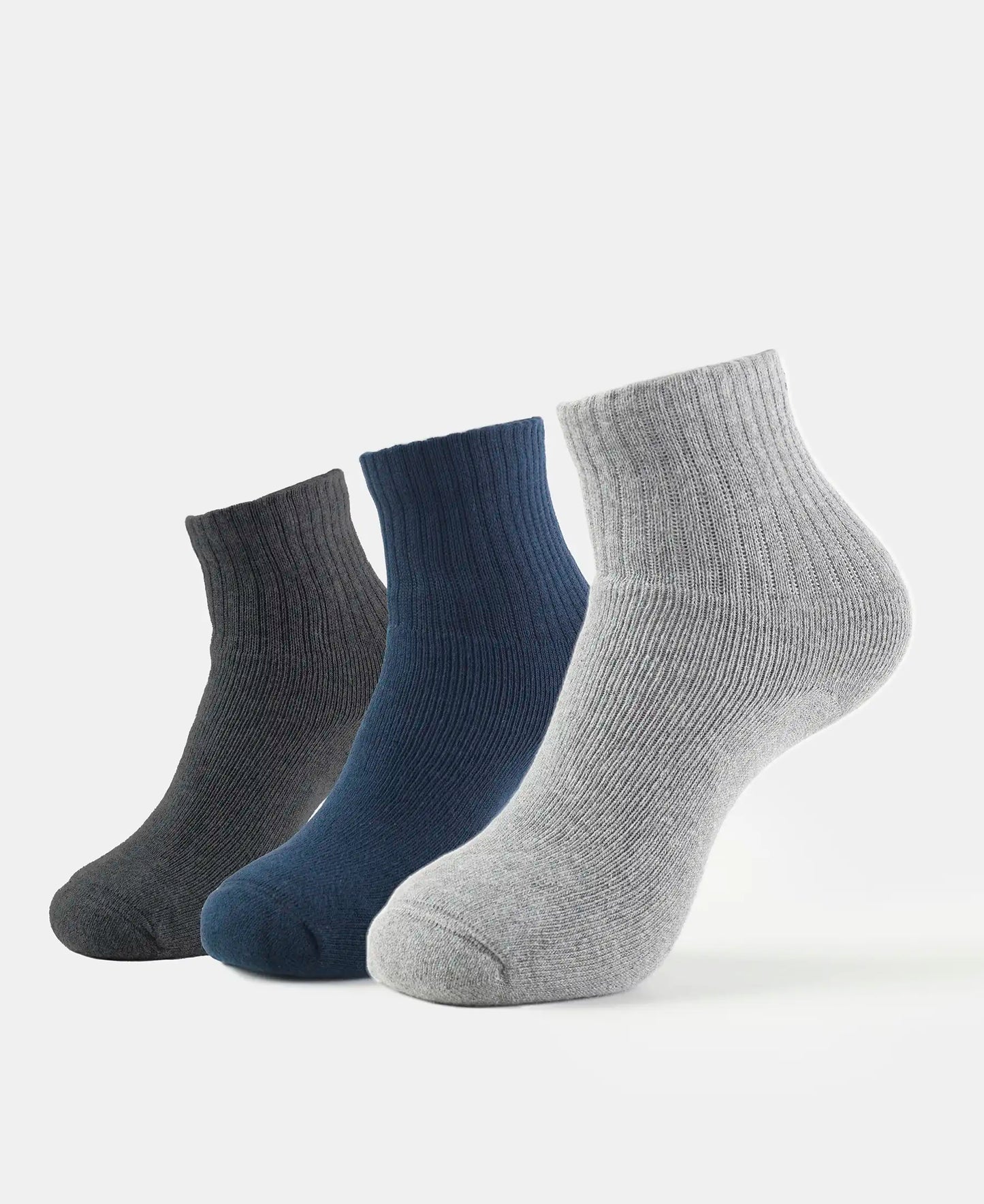 Compact Cotton Terry Ankle Length Socks With StayFresh Treatment - Black/Midgrey Melange/Navy (Pack of 3)