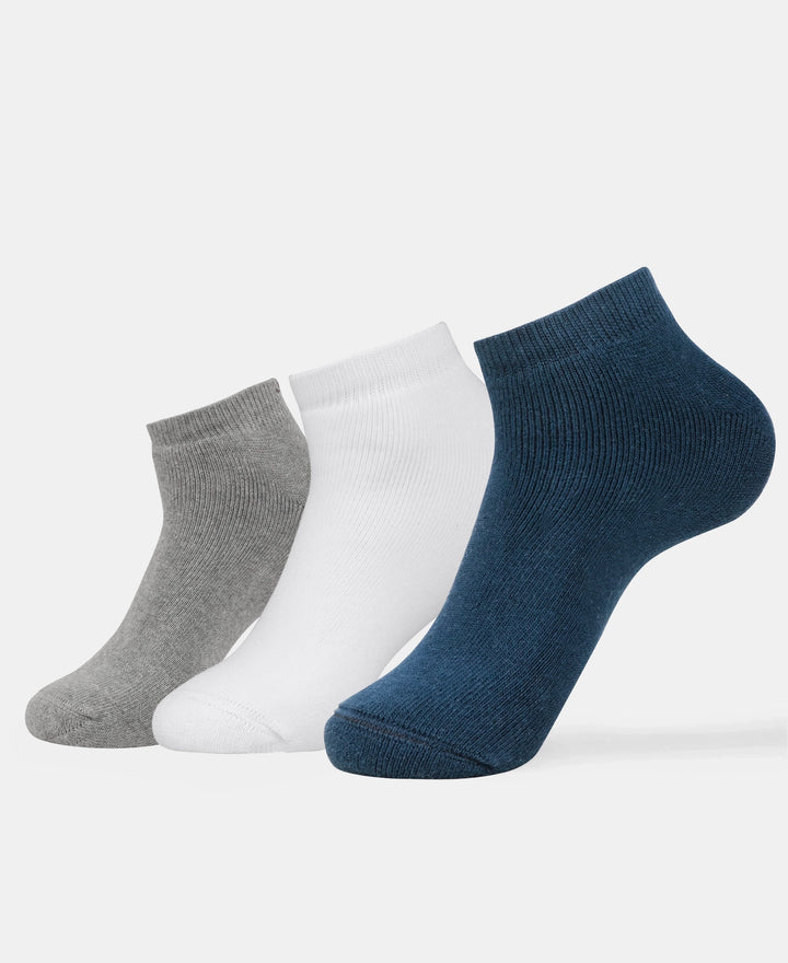 Compact Cotton Terry Low Show Socks with StayFresh Treatment - White, Mid Grey Melange & Stellar (Pack of 3)