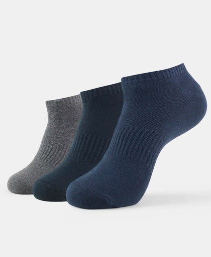 Compact Cotton Elastane Stretch Low Show Socks With StayFresh Treatment - Black/Charcoal Melange/Navy Melange (Pack of 3)