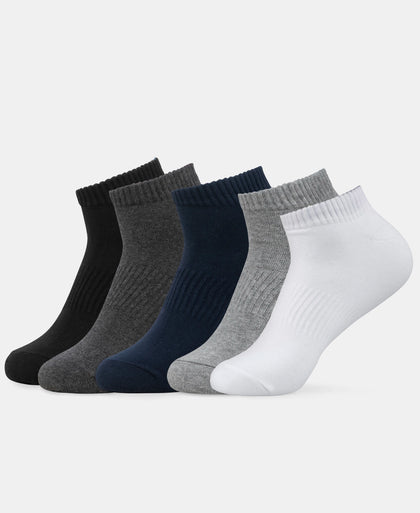 Compact Cotton Elastane Stretch Low Show Socks With StayFresh Treatment - Black, White, Navy, Mid Grey & Charcoal Melange (Pack of 5)