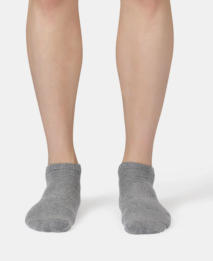 Compact Cotton Elastane Stretch Low Show Socks With StayFresh Treatment - Navy, Grey Melange & Stellar (Pack of 3)