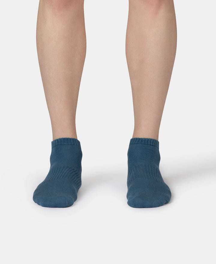 Compact Cotton Elastane Stretch Low Show Socks With StayFresh Treatment - Navy, Grey Melange & Stellar (Pack of 3)