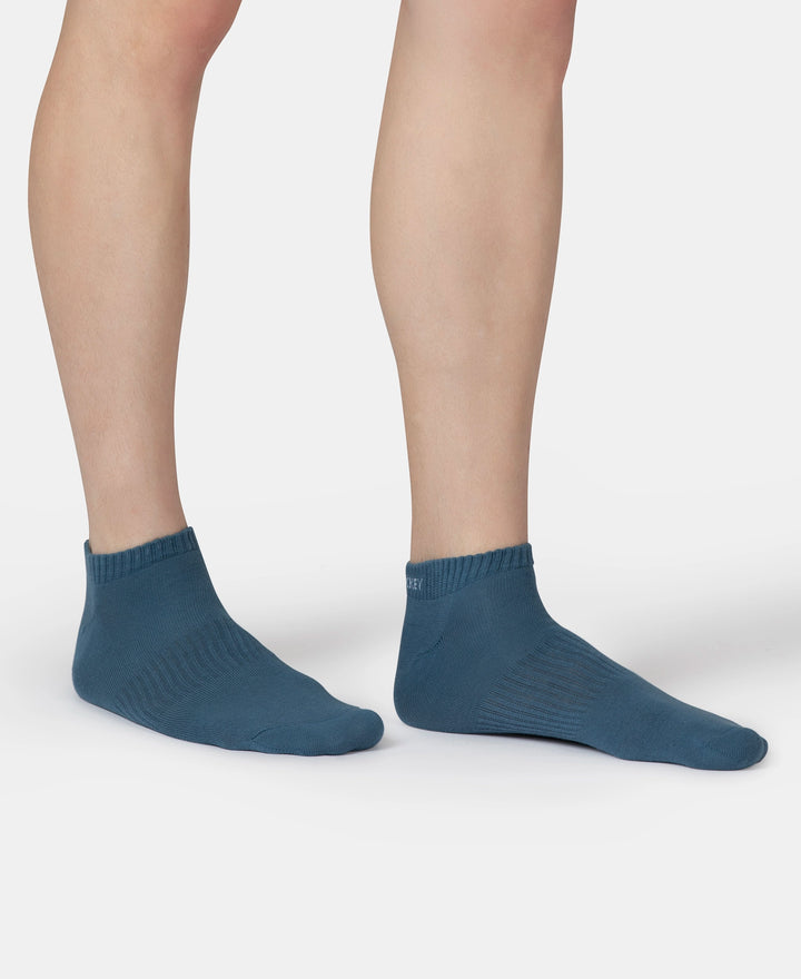 Compact Cotton Elastane Stretch Low Show Socks With StayFresh Treatment - Navy, Grey Melange & Stellar (Pack of 3)