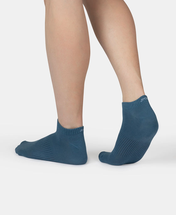 Compact Cotton Elastane Stretch Low Show Socks With StayFresh Treatment - Navy, Grey Melange & Stellar (Pack of 3)