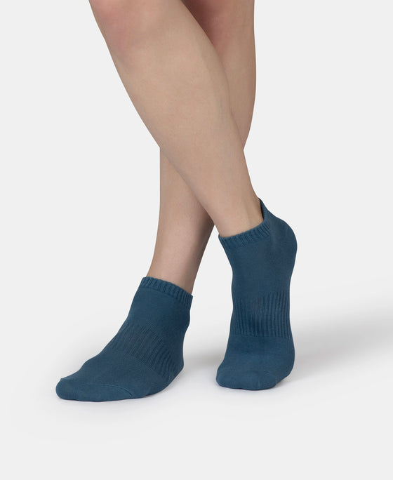 Compact Cotton Elastane Stretch Low Show Socks With StayFresh Treatment - Navy, Grey Melange & Stellar (Pack of 3)