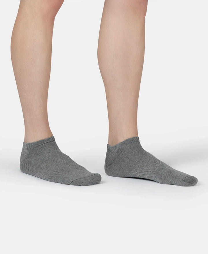 Compact Cotton Elastane Stretch Low Show Socks With StayFresh Treatment - Navy, Grey Melange & Stellar (Pack of 3)