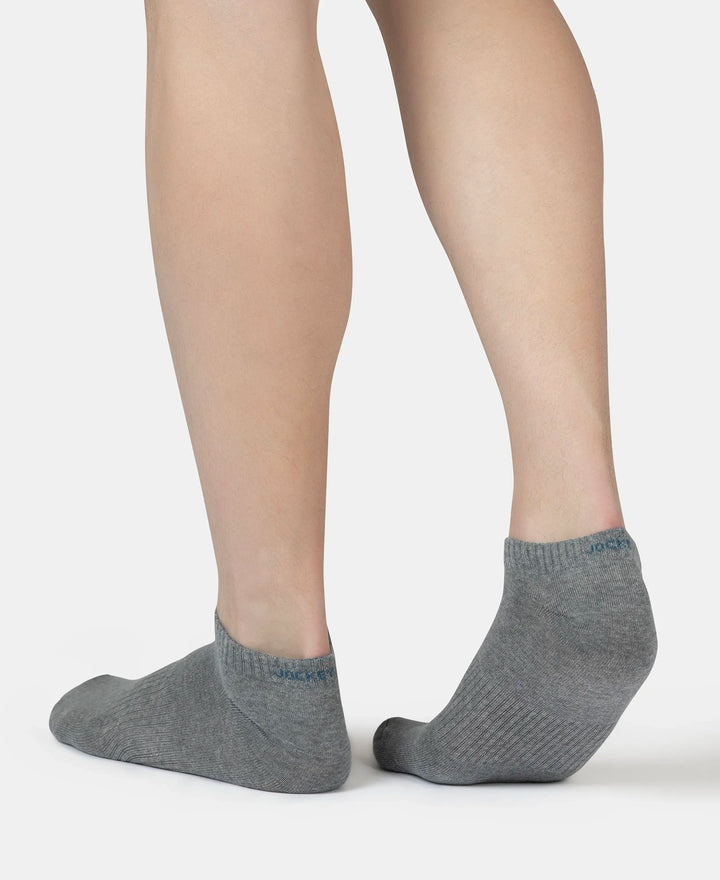 Compact Cotton Elastane Stretch Low Show Socks With StayFresh Treatment - Navy, Grey Melange & Stellar (Pack of 3)