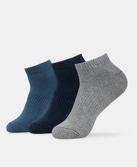Compact Cotton Elastane Stretch Low Show Socks With StayFresh Treatment - Navy, Grey Melange & Stellar (Pack of 3)
