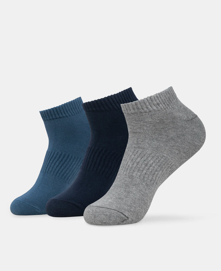 Compact Cotton Elastane Stretch Low Show Socks With StayFresh Treatment - Navy, Grey Melange & Stellar (Pack of 3)