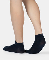Compact Cotton Elastane Stretch Low Show Socks With StayFresh Treatment - Navy, Grey Melange & Stellar (Pack of 3)
